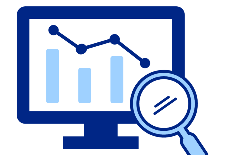 Monitor with bar graph and magnifying glass.