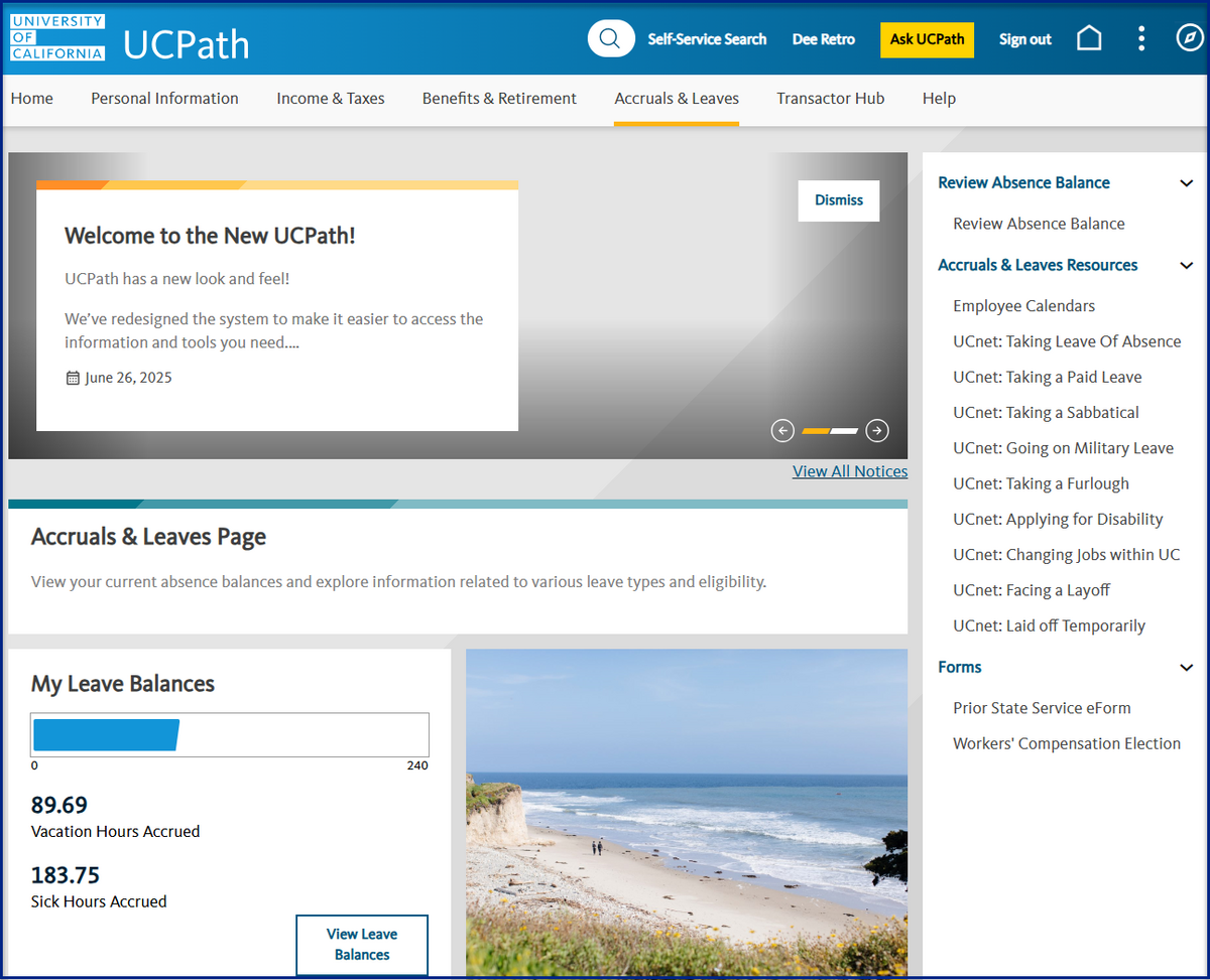 Screenshot of the Accruals & Leave UCPath Self-Service page.