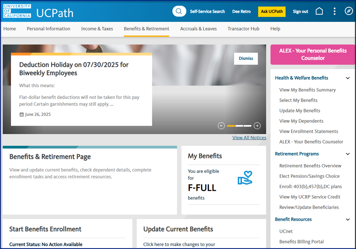 Screenshot of the Benefits & Retirement UCPath Self-Service page.