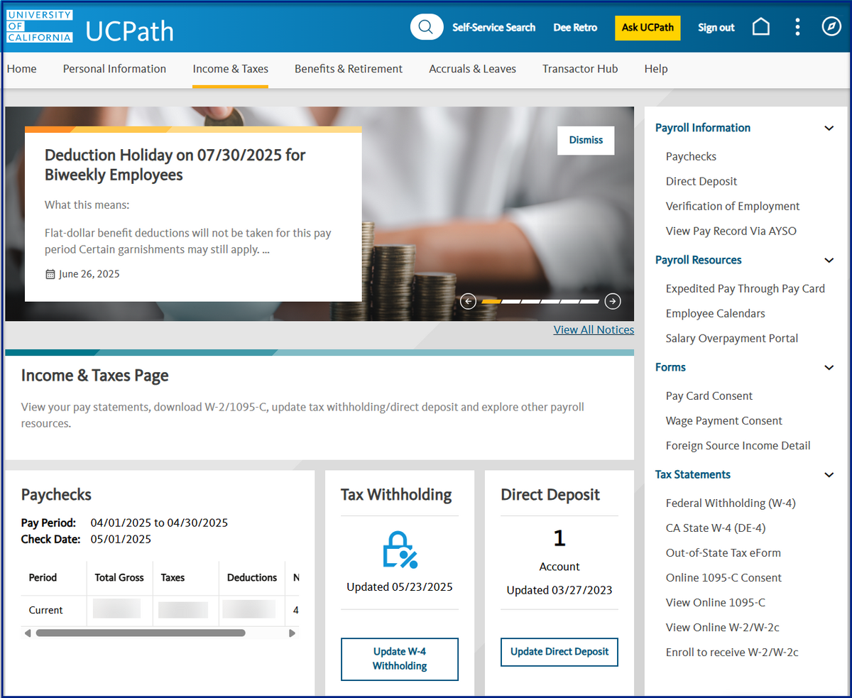 Screenshot of the Income & Taxes Self-Service UCPath page.