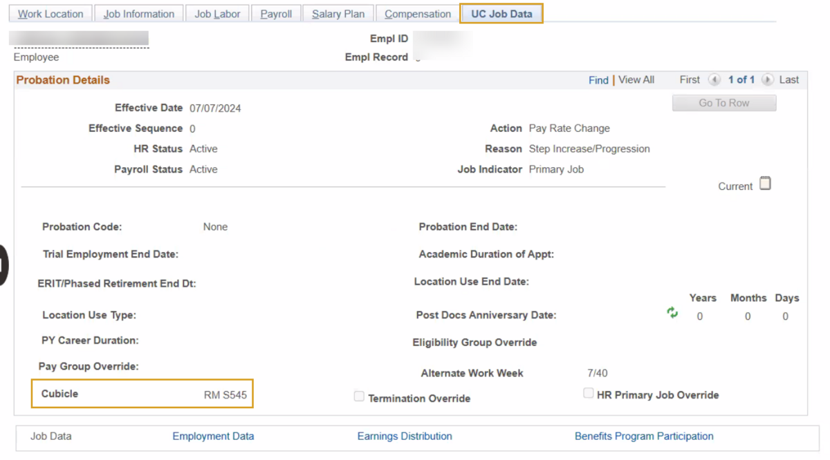 Job Data page on the UC Job Data Tab with the Cubicle: RM S545.