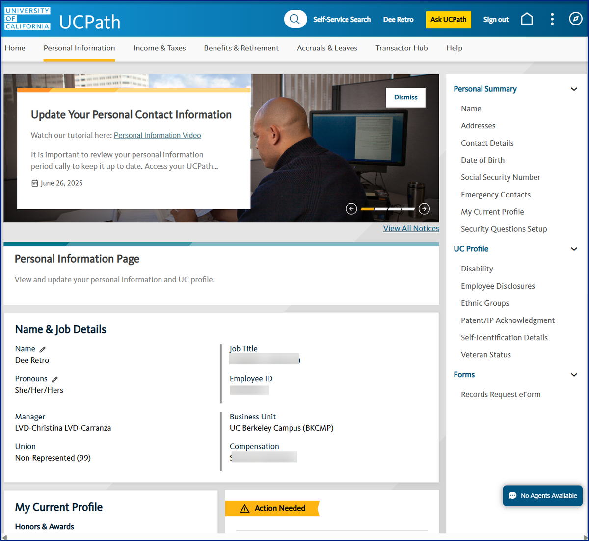 Screenshot of the Personal Information Self-Service page in UCPath.