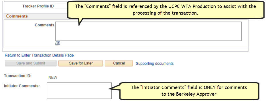 Comments box and Initiator Comments box with descriptions