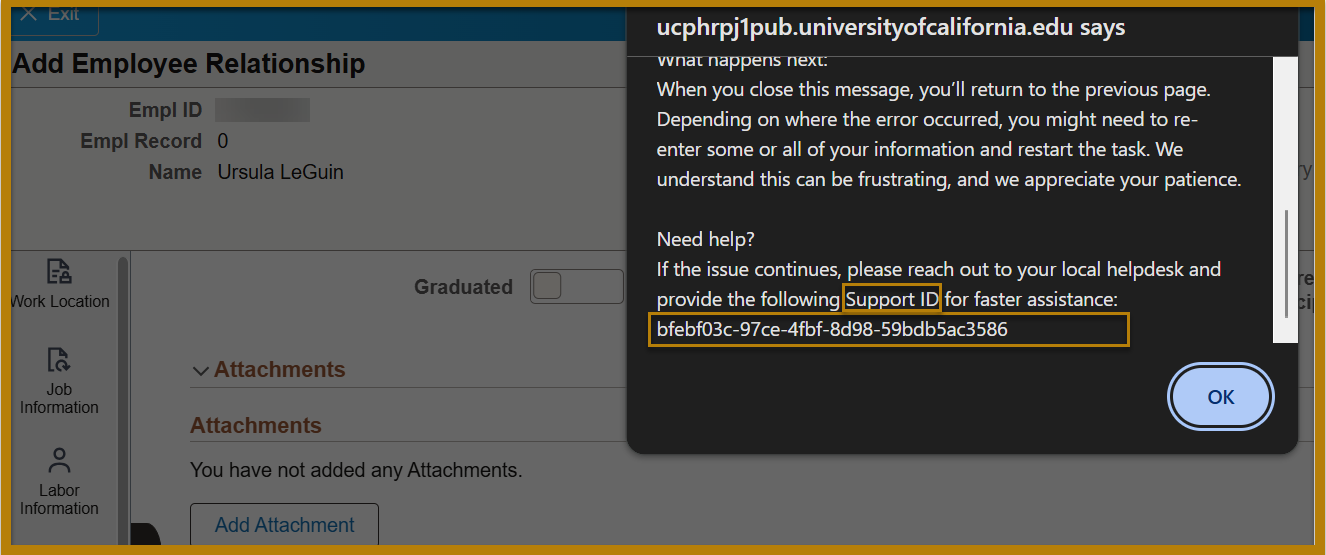 Screenshot of the UCPath Application Error Message.