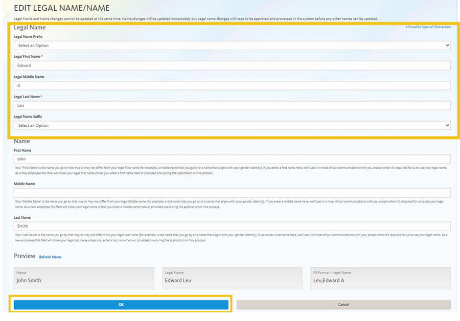 Edit Legal Name/Name Screenshot showing Edit Legal Name/Name with the Legal Name field and OK button highlighted.