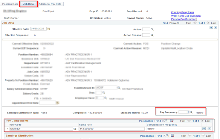 Displaying Job Data tab in PayPath. Boxes around Pay Components and Pay frequency sections. 