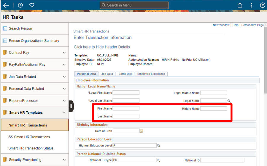 Screenshot of the Smart HR Transaction page and the section where Legal Name is entered. 