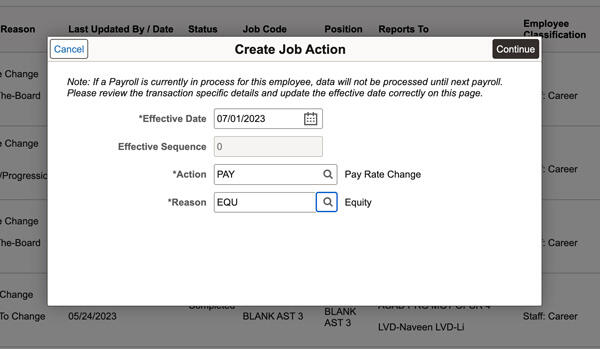 Popup for Create Job Action showing the effective date, action, etc.
