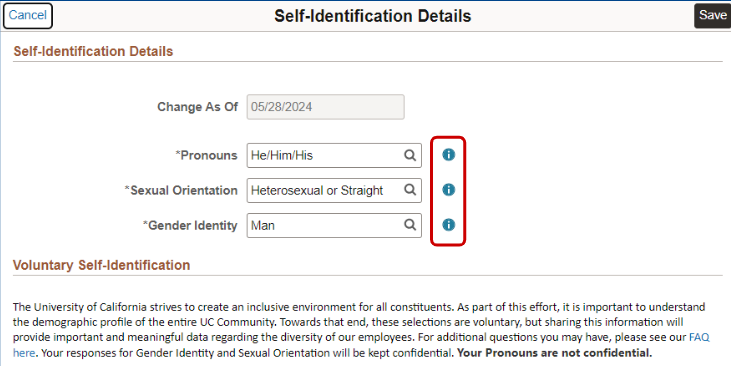 The blue ‘i’ icon to the right of the Pronouns field shows the definition of each pronoun.