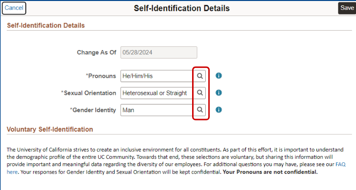 Identify the magnifying glass to the right of the Pronouns field. Identify the magnifying glass to the right of the Pronouns field.
