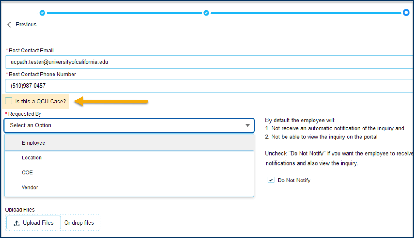 Future state Screenshot of on Behalf of Case Submission Page with new QCU Checkbox highlighted