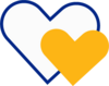 A heart outlined in blue with a smaller yellow heart overlapping it slightly.