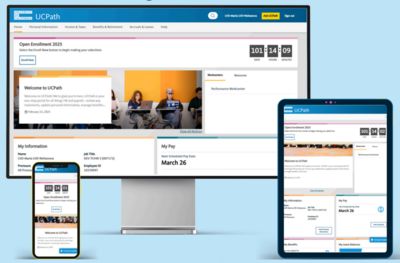 UCPath Online Portal 2025 Phone, tablet, and computer screen showing the new layout of the UCPath Online Portal homepage.