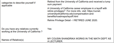 Bottom section of UC Affiliations - shows questions on categories, relatives, and relatives names.